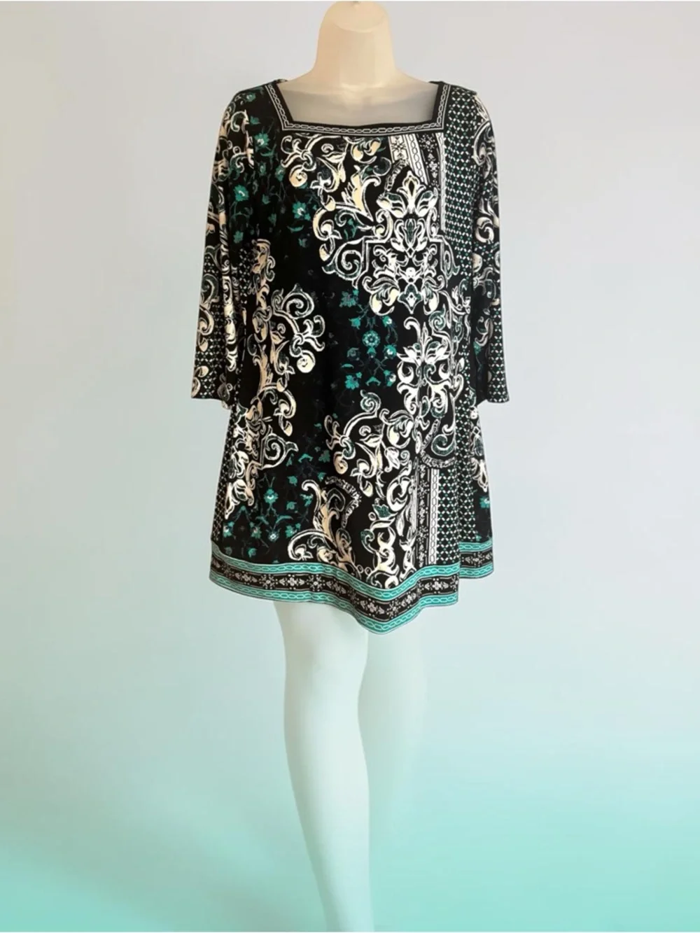 White House Black Market Black & Teal Baroque Print Mini Dress MEDIUM    #CL - Picture 3 of 8